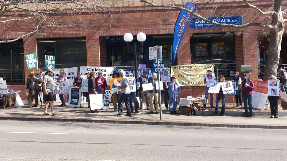 Refugee Action Collective Eurobodalla protesting today outside of the Member for Gilmore's office. Source: RAC Eurobodalla Facebook