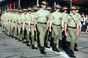Australian soldiers with the 5th Battalion, Royal Australian Regiment march on Anzac Day. From wikimedia commons