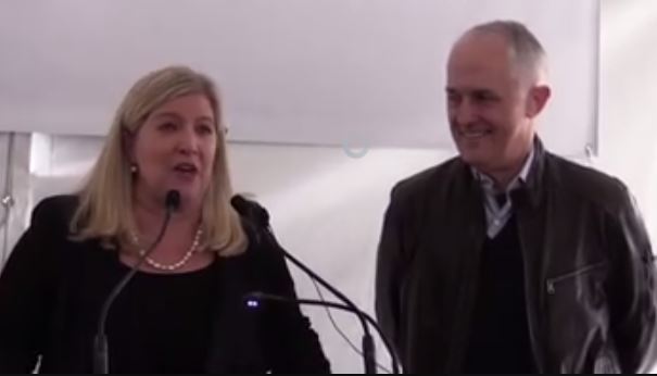 Bronnie Taylor and PM Malcolm Turnbull, speaking about Snowy Hydro 2.0 in Cooma on June 28.