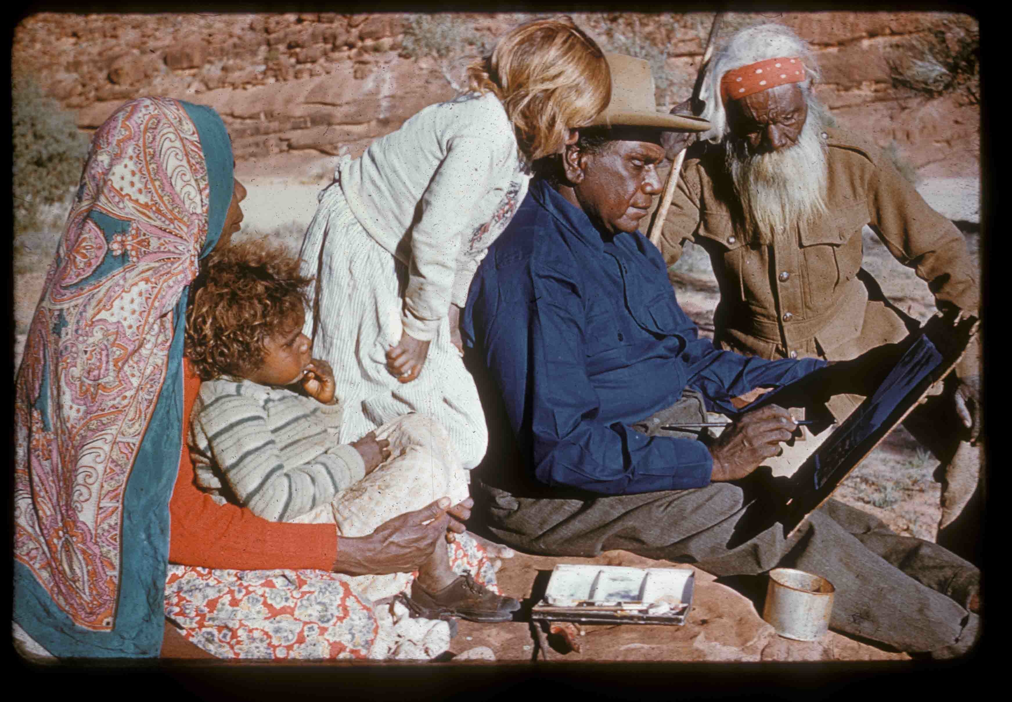 Albert Namatjira with wife Rubina, grandchildren and father Jonathon, image by Pastor S.O. Gross, courtesy of Strehlow Research Centre