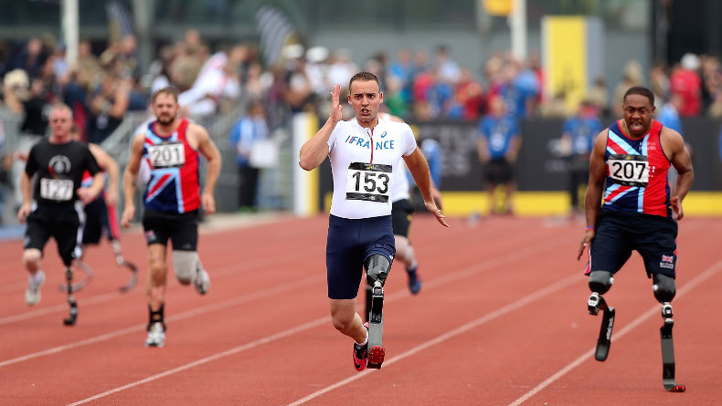Robert Phillipe of France in action during the men’s 100m Ambulant IT2 at Day One of the Invictus Games at Lee Valley Athletics Stadium in London, England. Photo: Ben Hoskins/Getty Images for Invictus Games.