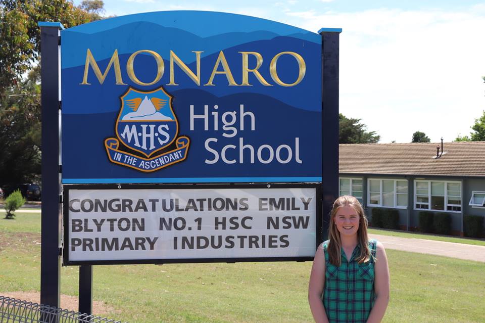 Cooma cheers one of its own, Emily Blyton, top marks on the 2017 HSC. Photo: Monaro High Facebook.