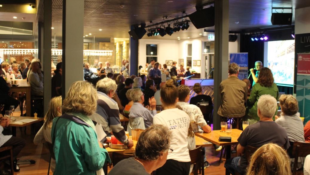 Around 150 people gathered for Science in the Pub at Tathra Pub. Photo: Ian Campbell.