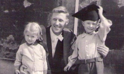 An early family photograph showing Bede Morris at Oxford where he graduated with his PhD. He is with his daughter Sally and son Simon.