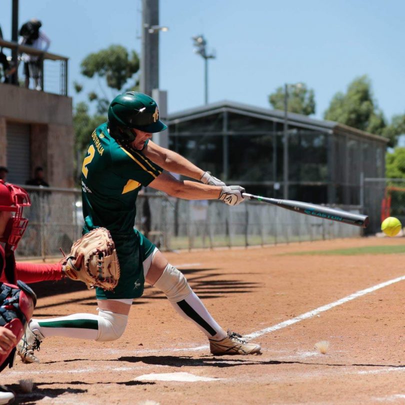 Clare Warwick shows her style at the home plate. Photo: Gary Peakock.