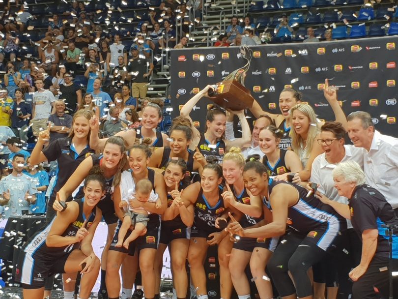 Barb Lodding with the UC Capitals following their grand final win. Photo: Tim Gavel.
