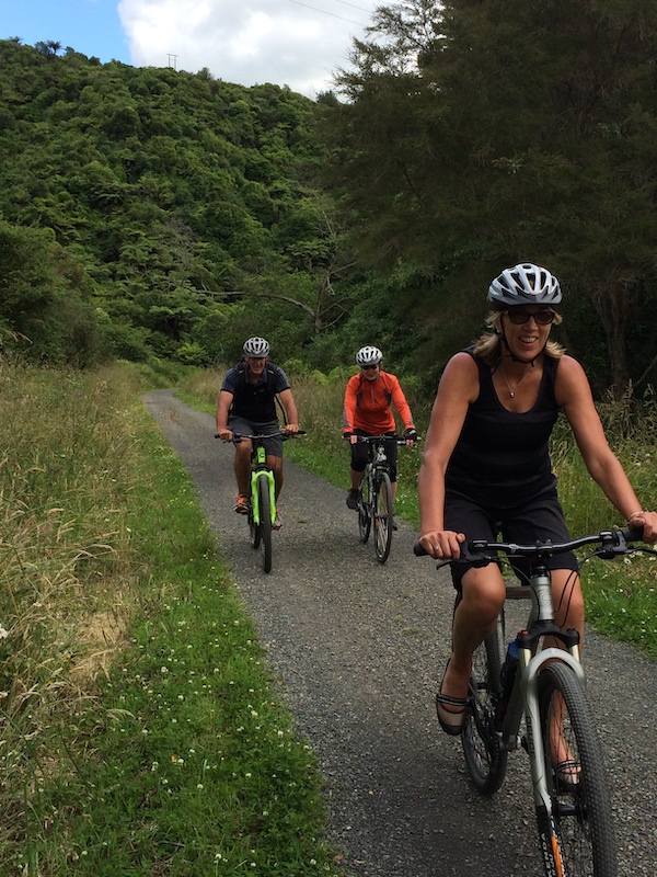 Cyclists Anne and Greg Watt of Auckland, and Pauline Mullen, enjoying a rail trail abroad. 