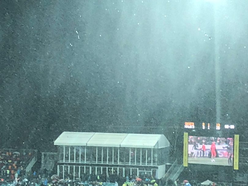 Snow falls during the GWS/Hawks game at Manuka Oval. Photo: Supplied.