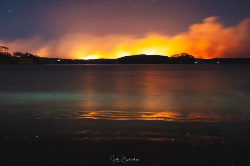 Currowan bushfire as seen from across water from Batemans Bay.