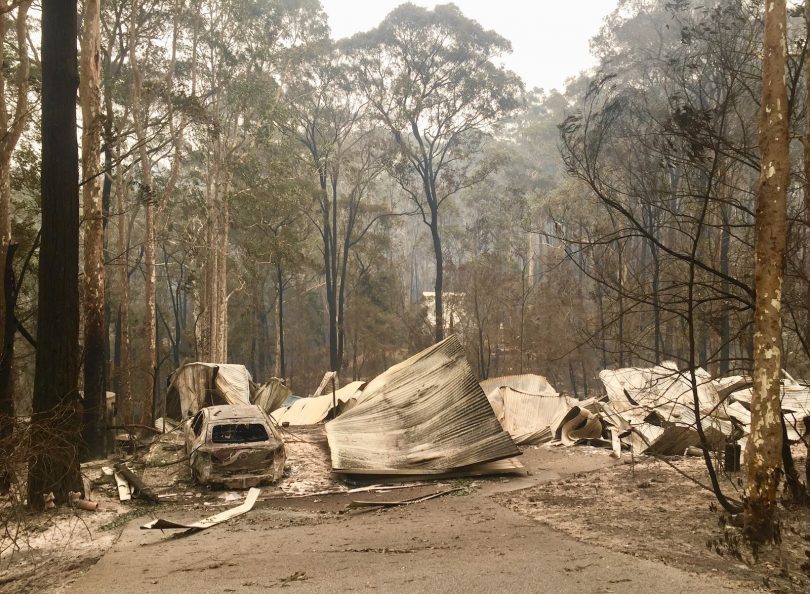 Burnt out bush property from bushfire.