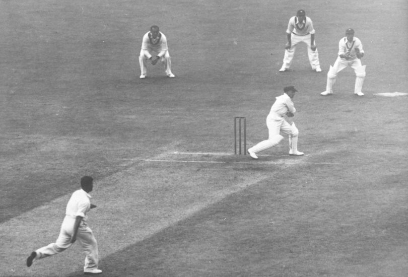 Don Bradman performing his famous pull shot off the bowling of Voce, 1936/37 Marylebone Cricket Club tour of Australia