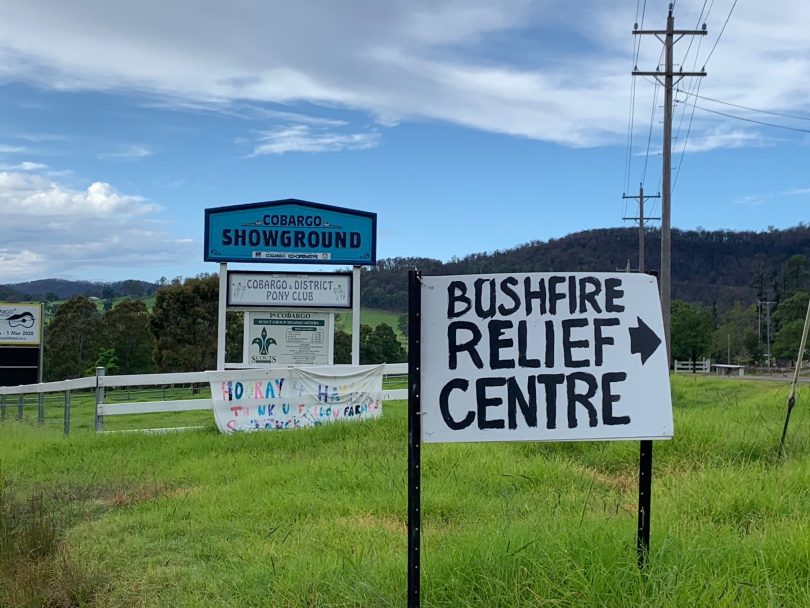 Signs for Cobargo Bushfire Relief Centre and Cobargo Showground