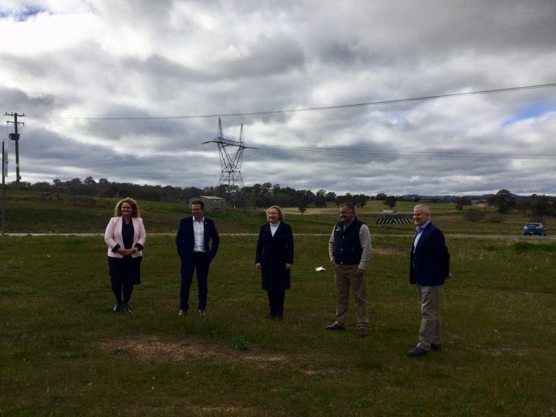 From left: Goulburn MP Wendy Tuckerman, NSW Roads Minister Paul Toole, Yass Valley Mayor Rowena Abbey, truck driver Frank Wicks and Deputy Prime Minister Michael McCormack standing in field.