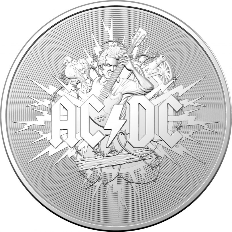 Image of $1 silver-frosted AC/DC coin.