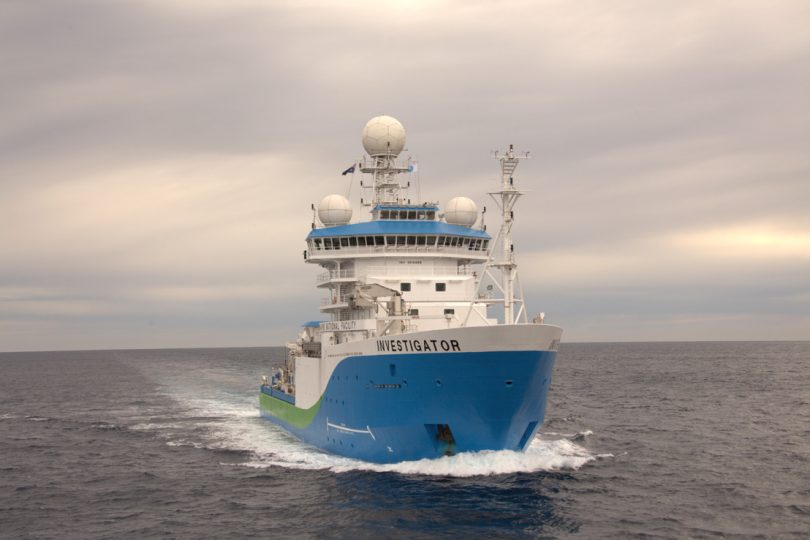 Marine research vessel RV Investigator at sea.