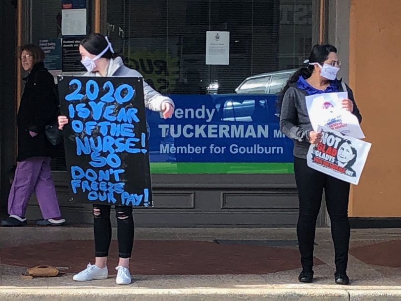 Nurses and their supporters protesting in Auburn Street, outside Member for Goulburn Wendy Tuckerman’s office.