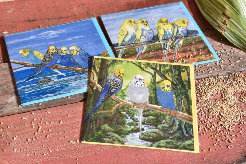 Three painted cards with blue budgies on them.