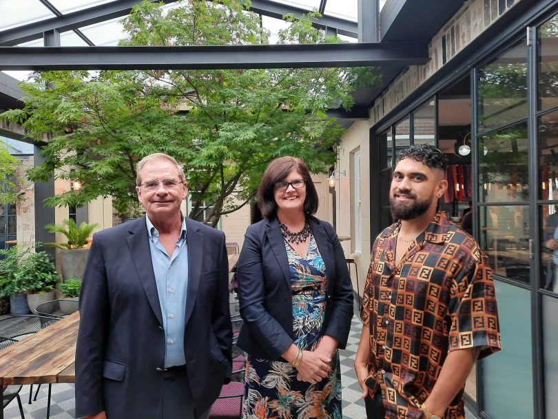 Queanbeyan Mayor Tim Overall, National Folk Festival managing director Helen Roben and Omar Musa at the Royal Hotel