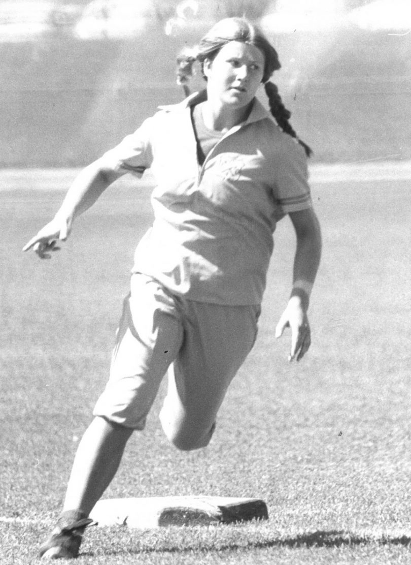 Robin Duff playing softball in 1970s