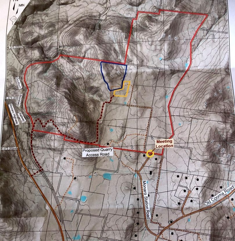 A map showing the site and topography for a proposed rock quarry