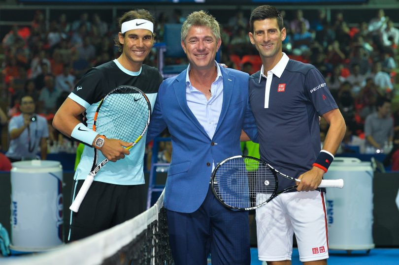 John Blom with Rafael Nadal and Novak Djokovic 