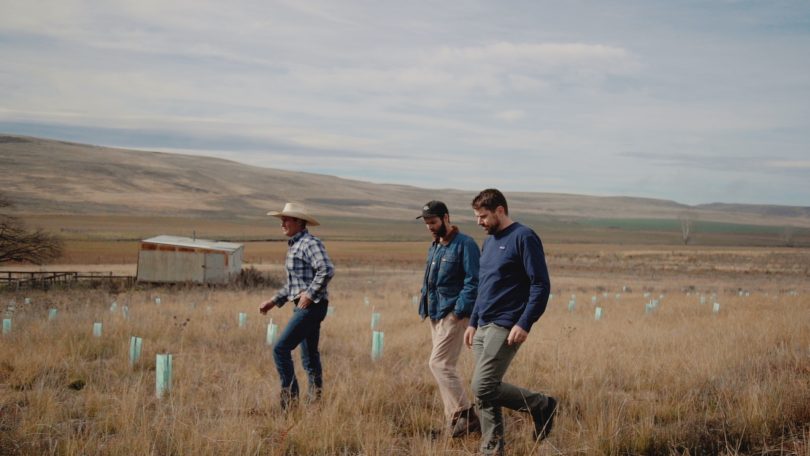 George Walters, Lucas Wilkinson and Laurence Kain walking on rural property at Home Valley