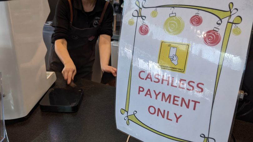 'Cashless payment only' sign at cafe in Canberra