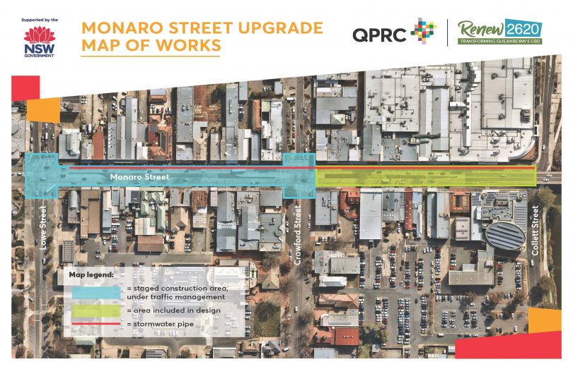 Overlay map of proposed work zones for Monaro Street upgrade in Queanbeyan