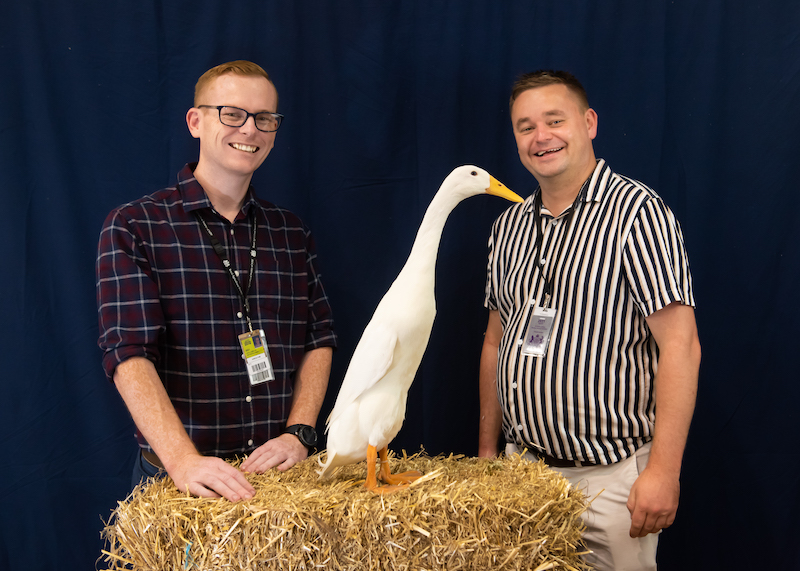 Gerald Farrugia and Danny Benn with Ferdinand the duck