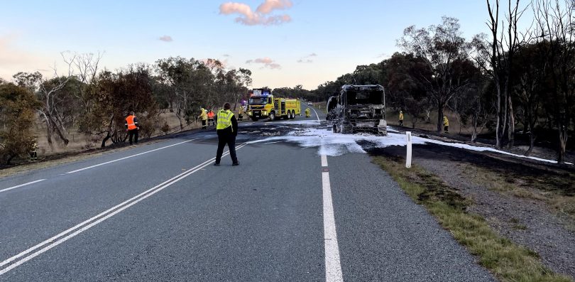 Cleaning up after the truck fire on the Monaro Highway