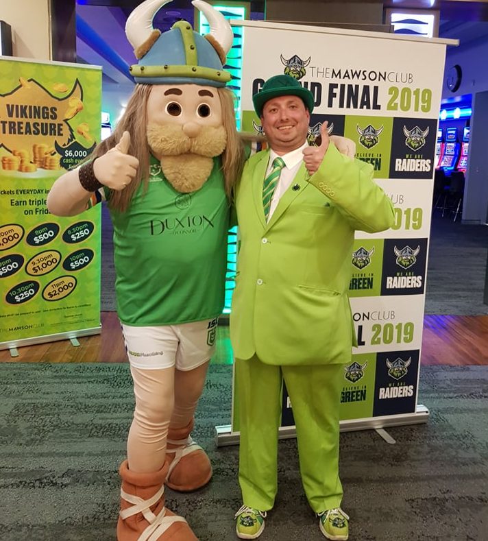Canberra Raiders mascot Victor the Viking with 'The Lime Green Suit Guy' Christopher Veilands