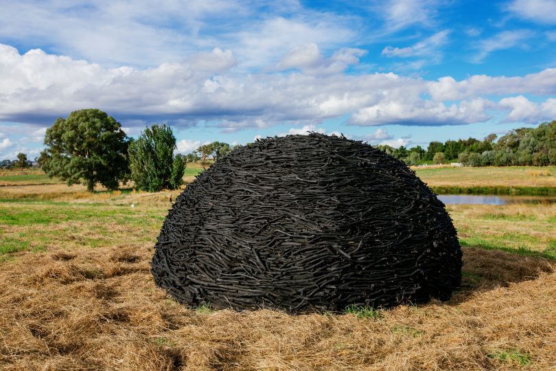 Sculpture of black mound of sticks on a field