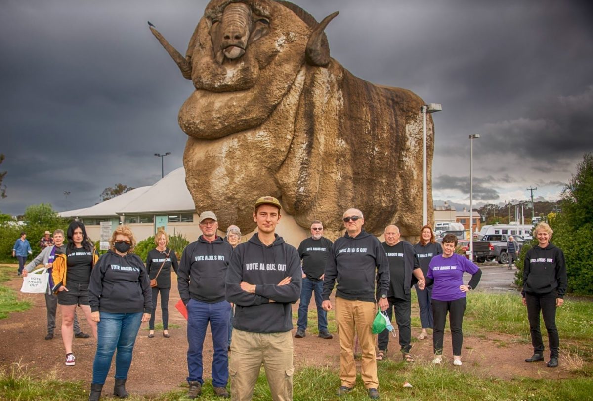 Campaign group Vote Angus Out in front of the Big Merino