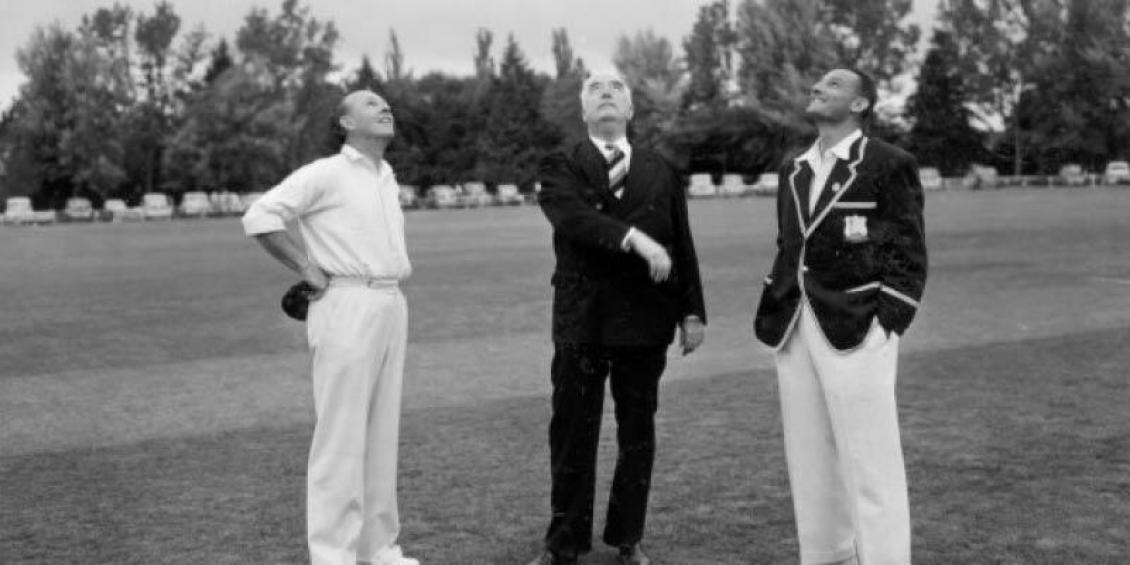 Prime Minister’s XI Cricket Match, 22 October 1951. PM’s XI Captain Jack Fingleton, Prime Minister Menzies and the West Indian captain, John D. Goddard in 1951. Photo: Department of Prime Minister and Cabinet. (Courtesy ACT Heritage Library, Ref. 001390).