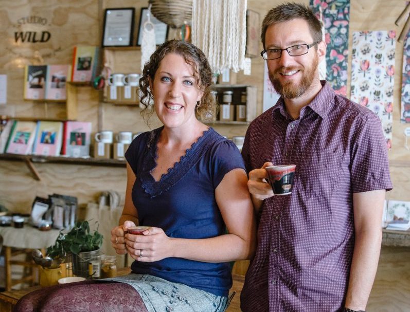 Six8 Coffee owners Daniel and Toni Neuhaus sip cups of coffee