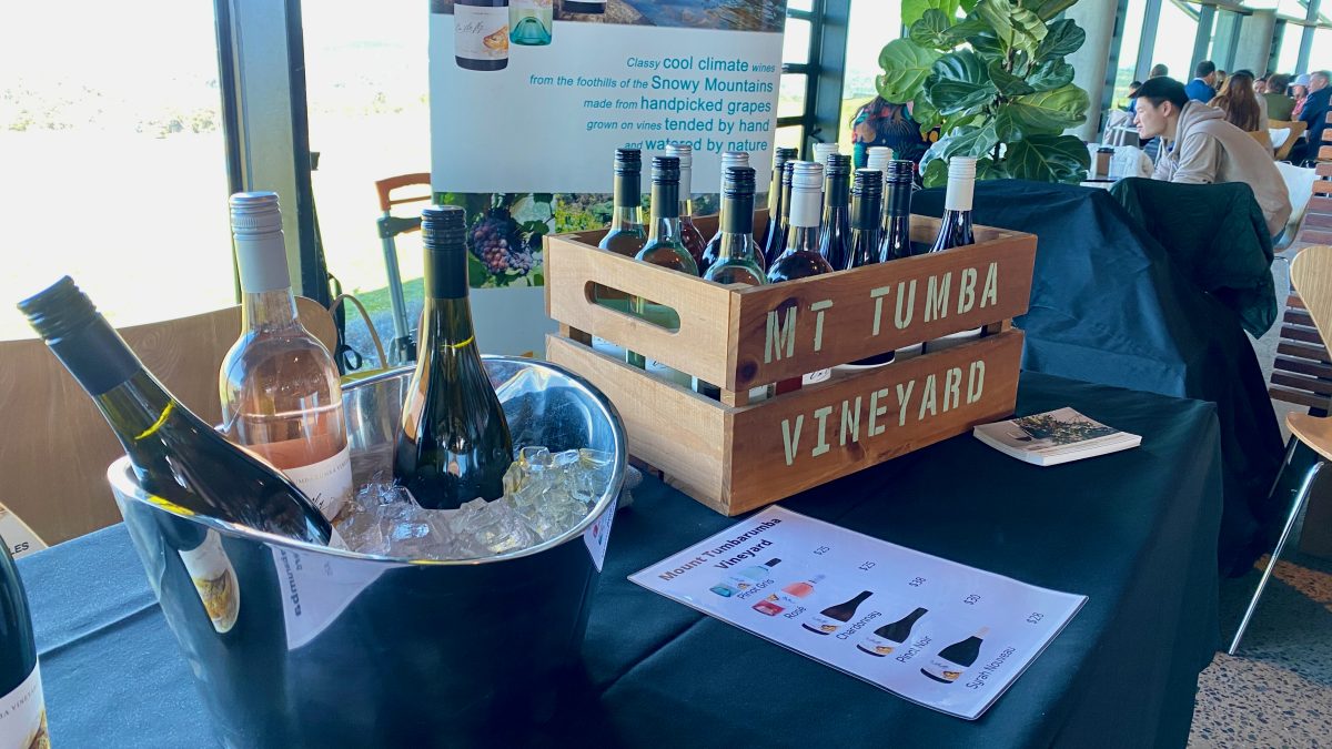 Wooden box with bottles of wine labelled Mt Tumba Vineyard