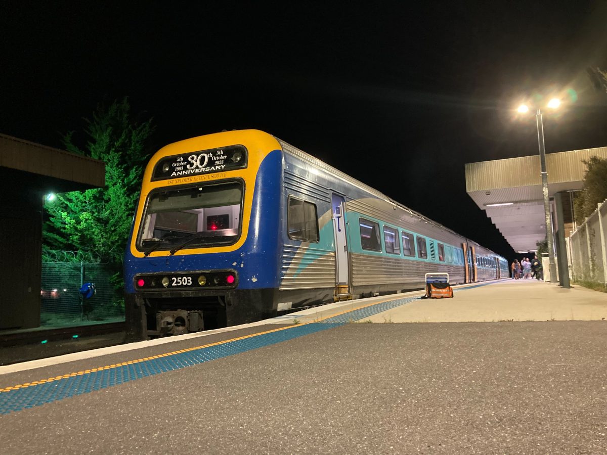 NSW TrainLink Southern XPLORER train at Canberra Station at night