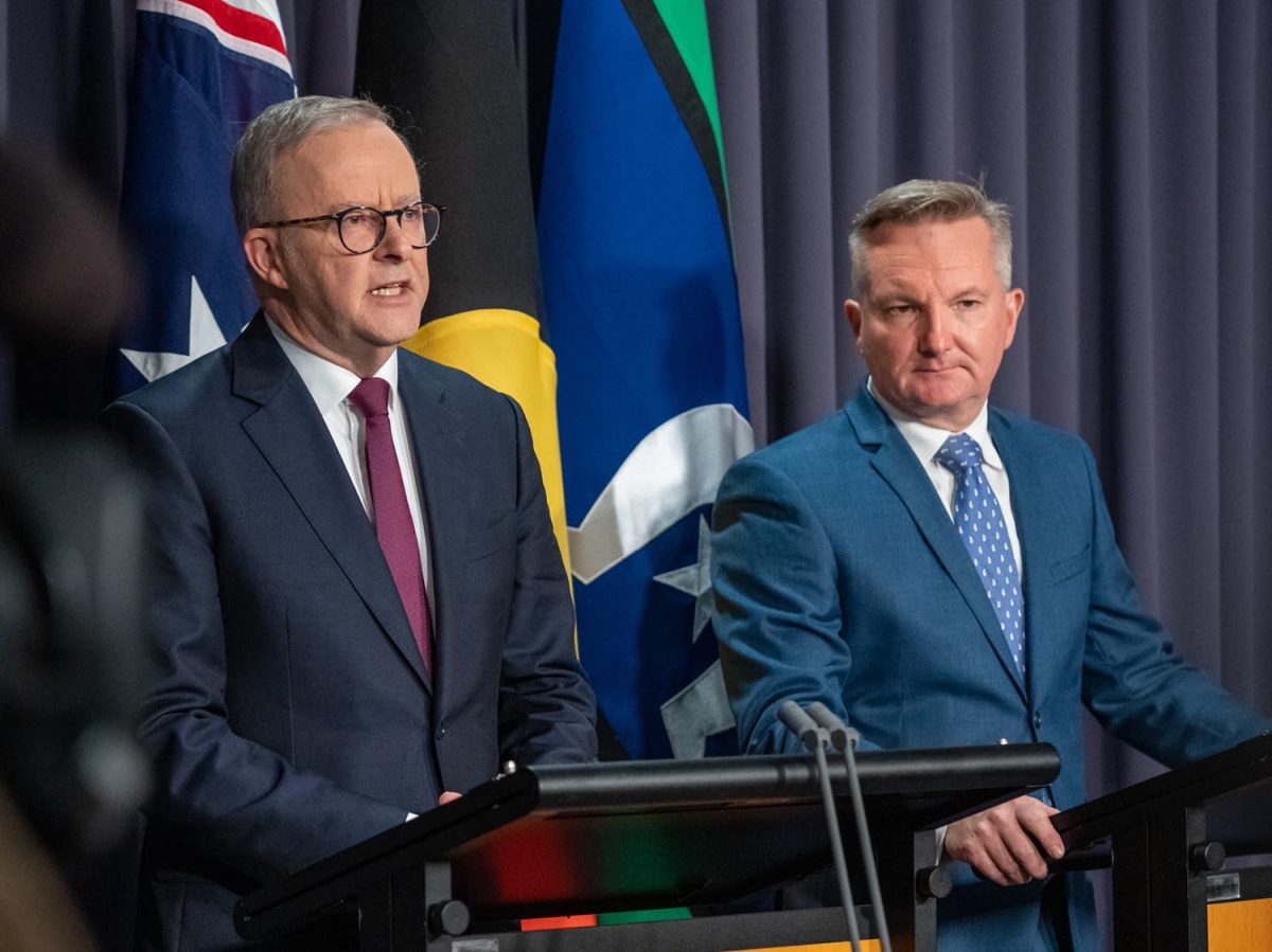 Anthony Albanese and Chris Bowen at lecterns