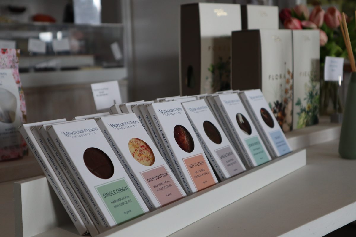 Row of packaged chocolates at Murrumbateman Chocolate Co.