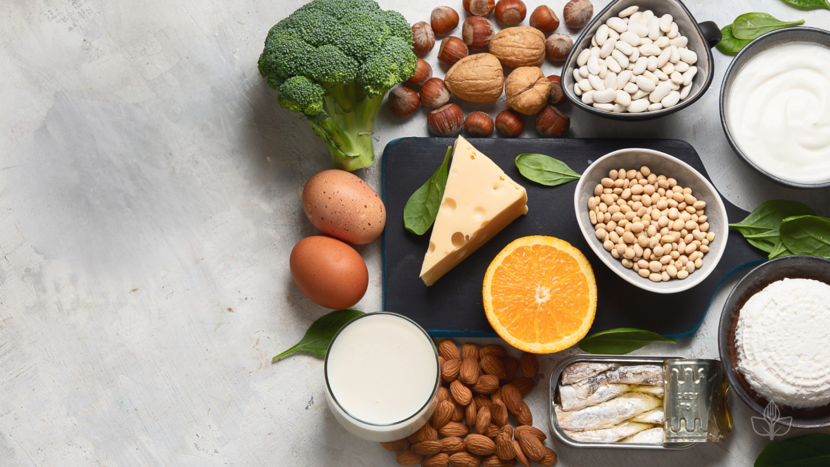 Flatlay or fruit, vegetables, nuts, sardines, legumes and cheeses