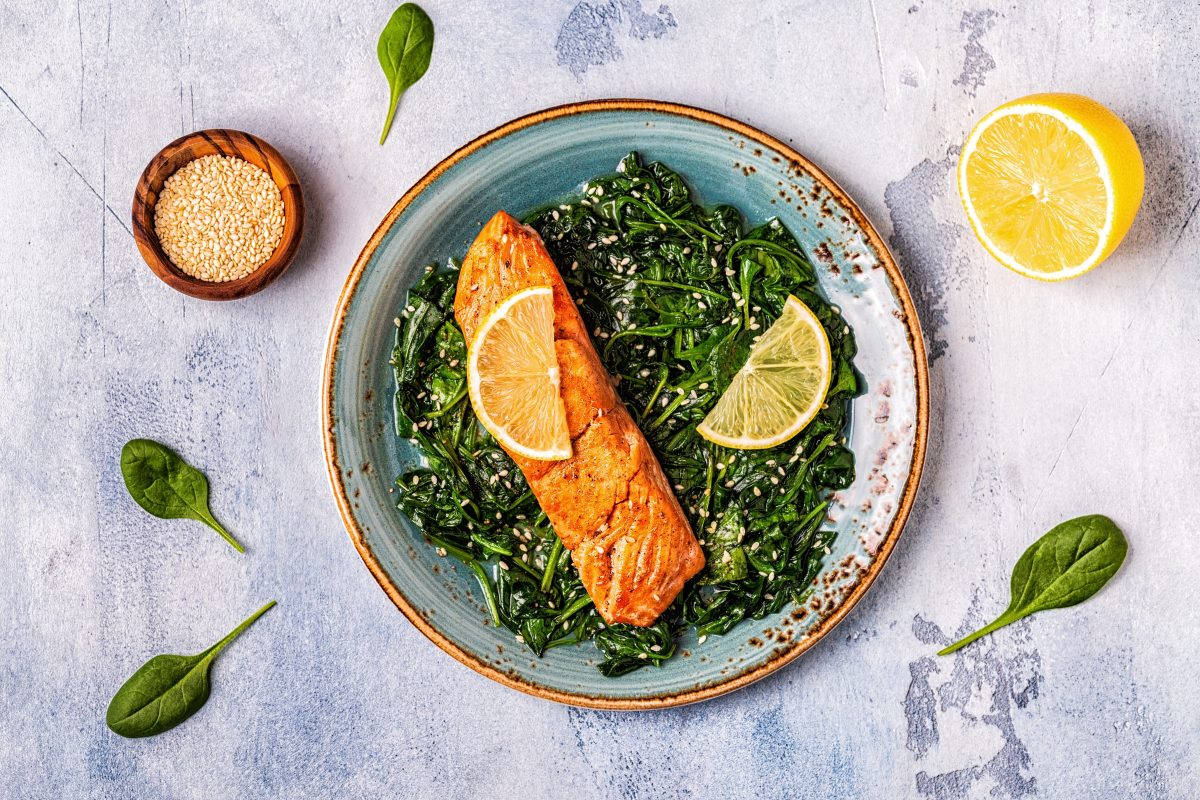 Grilled salmon with spinach.