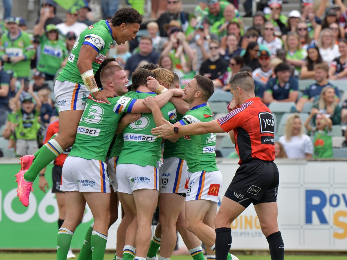 Raiders celebrate a try in season 2024.