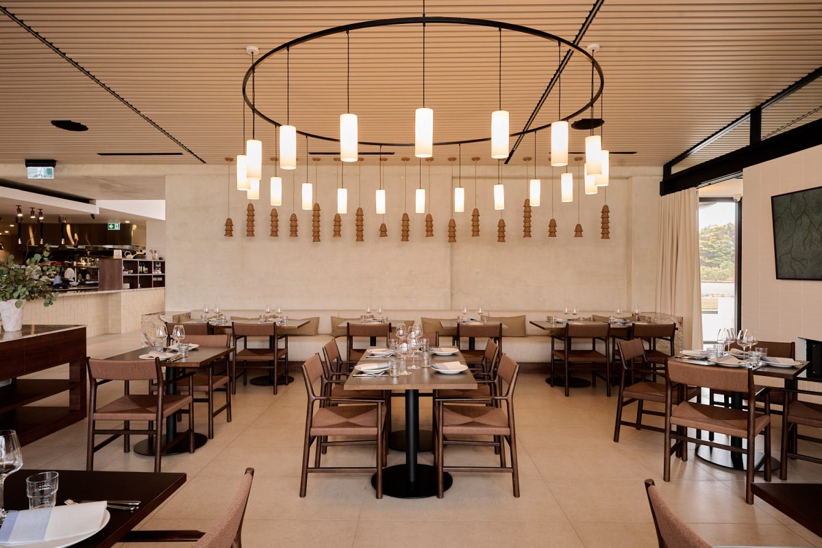 Interior restaurant with interesting light fitting.