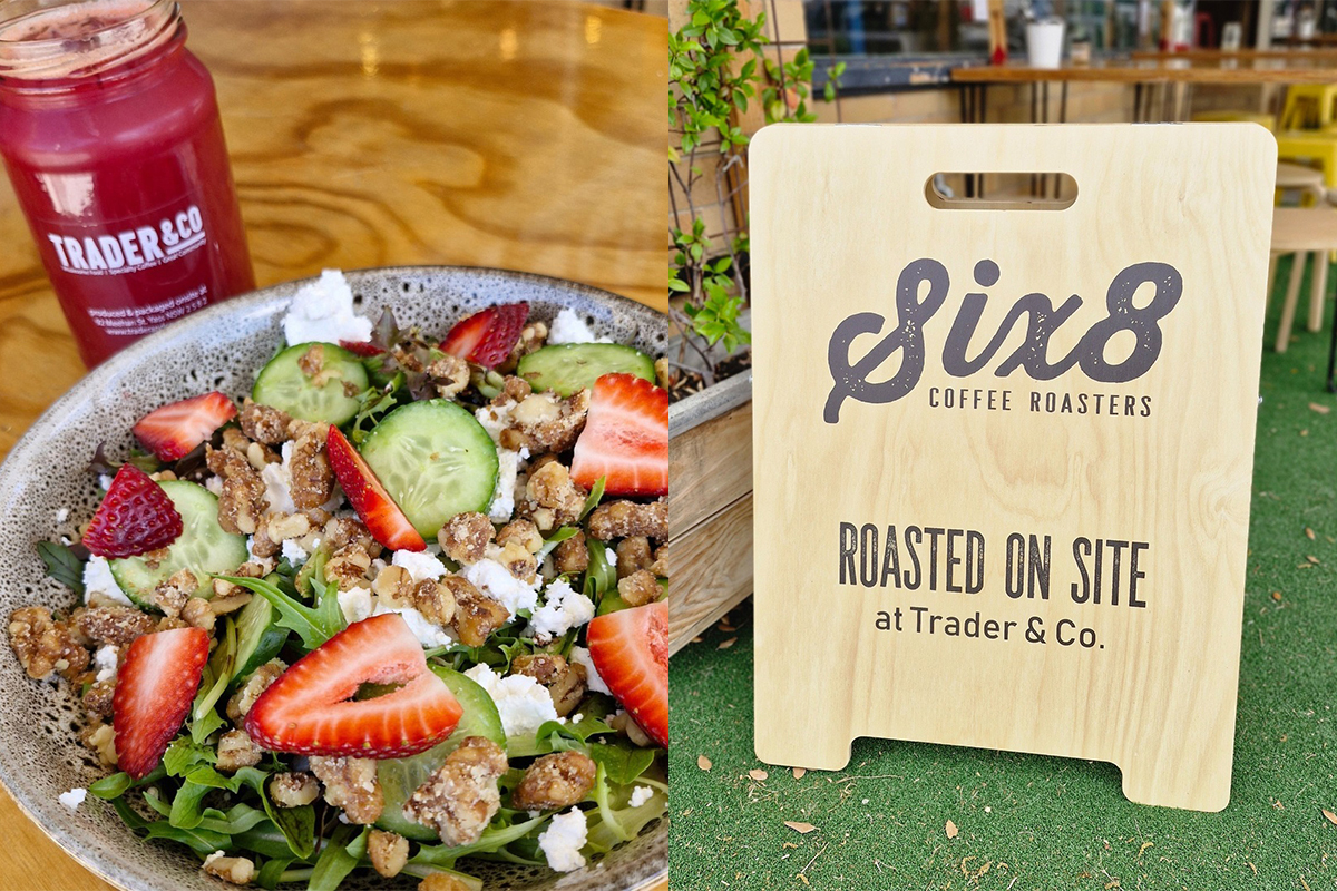 Trader & Co. juice, seasonal salad and Six8 coffee roasters signboard.