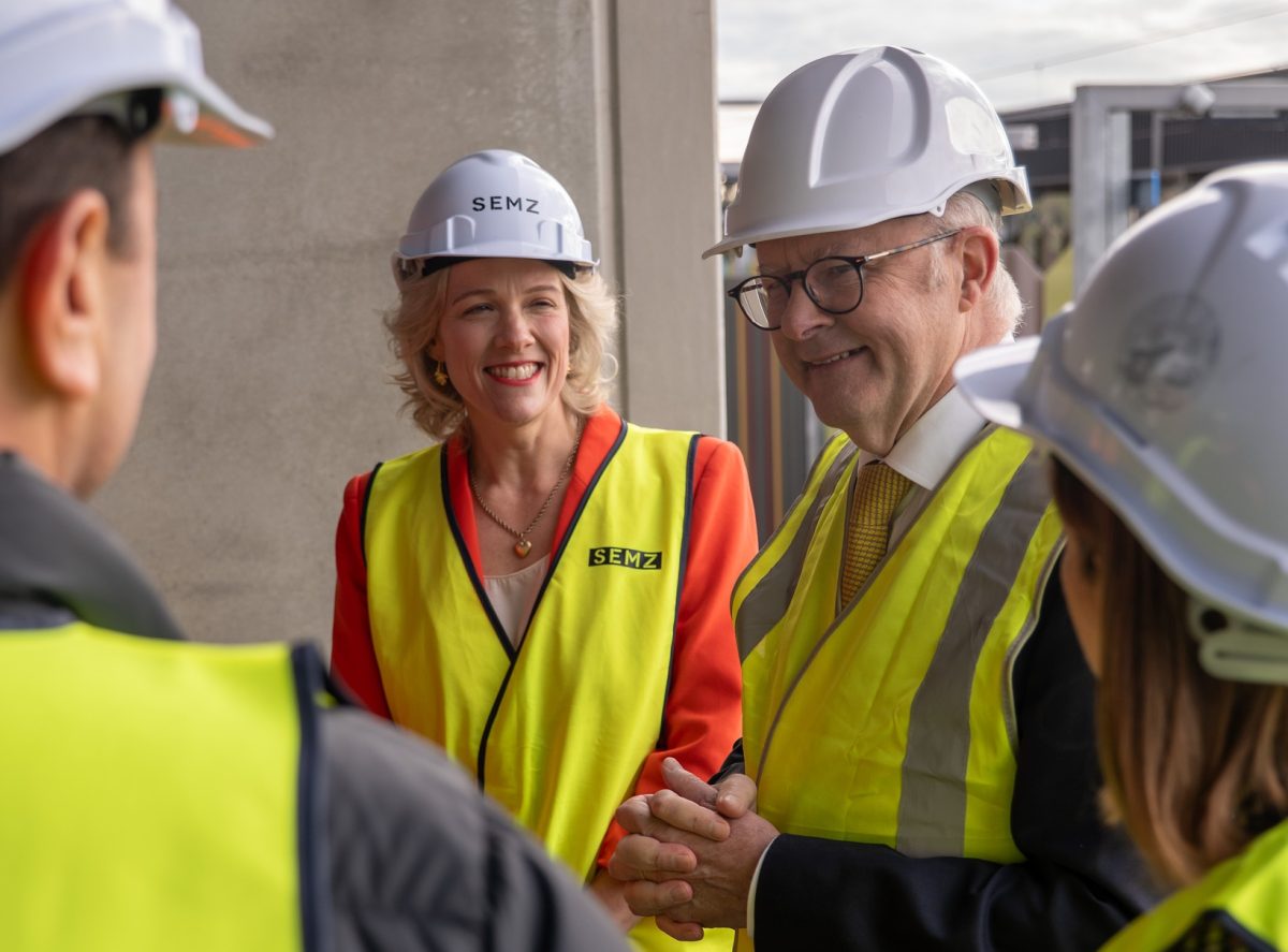 Clare O'Neil and Anthony ALbanese at a Melbourne social housing building site on 12 August 2025