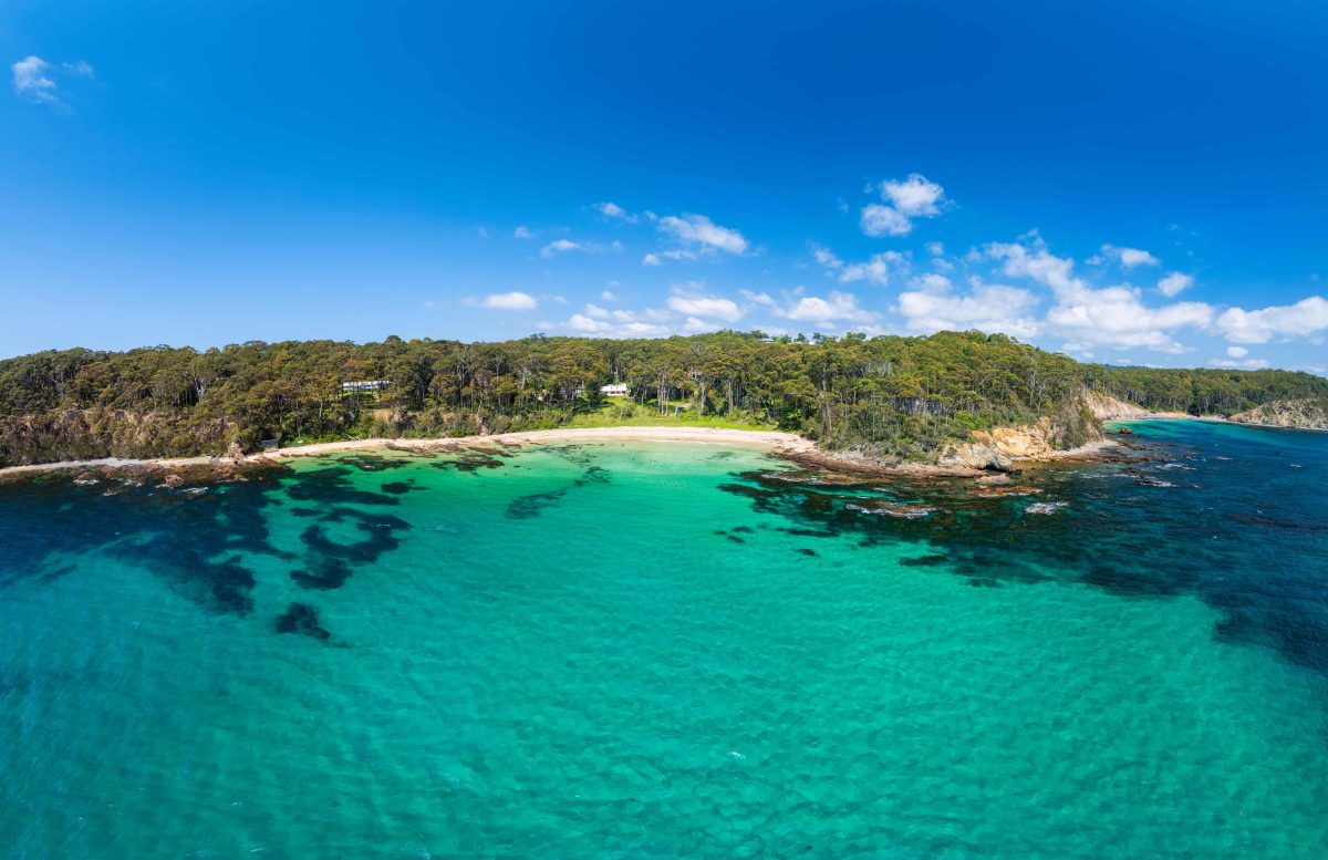 A view of Circuit Beach from the water looking towards the sand, with green vegetarian in the background.