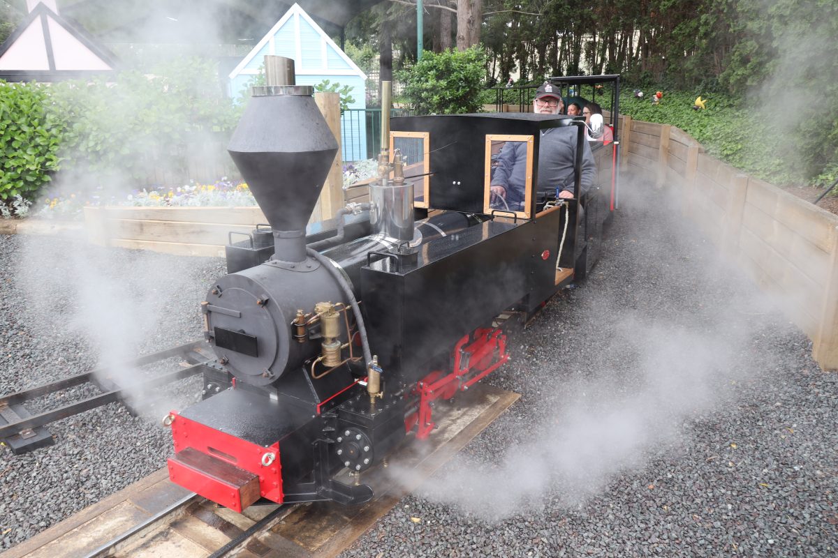 A miniature train with steam blowing around it