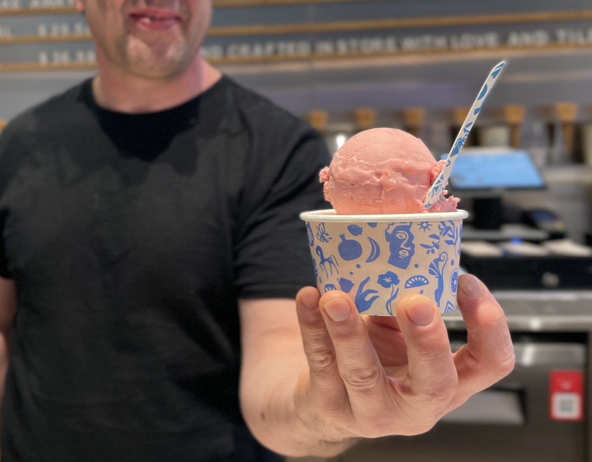 A hand holds a blue and white patterned cup holding pink scoops of gelati.