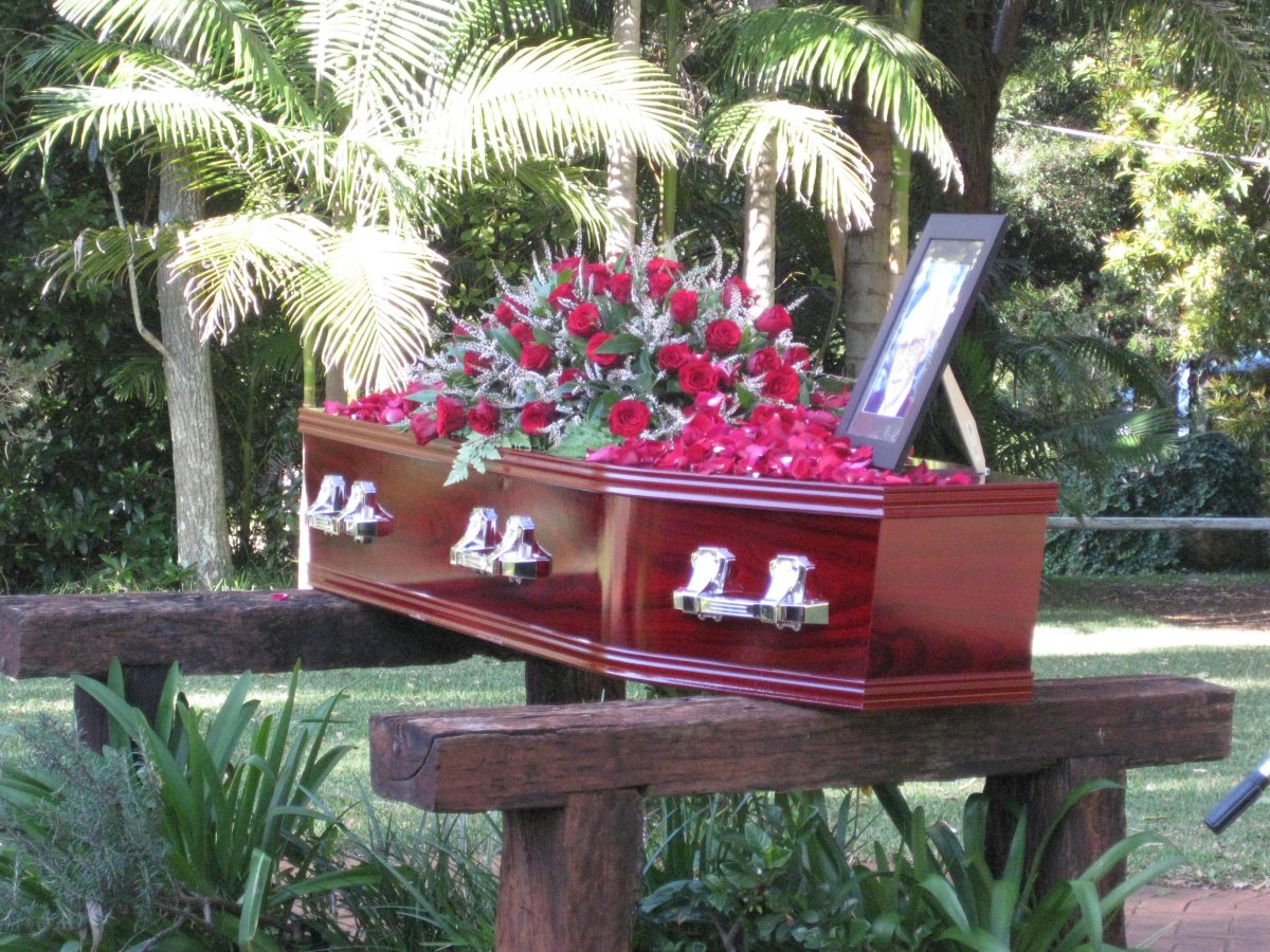 Coffin in a garden setting