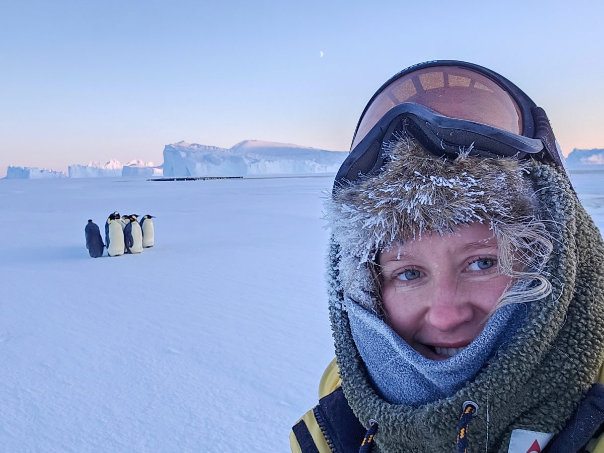 Photo shows woman in snow gear in front of a group of penguins gathered on the ice.